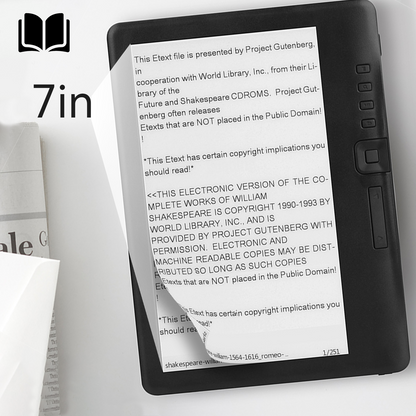 7-inch Klarity Portable Ebook Readers displaying text with a book in the background