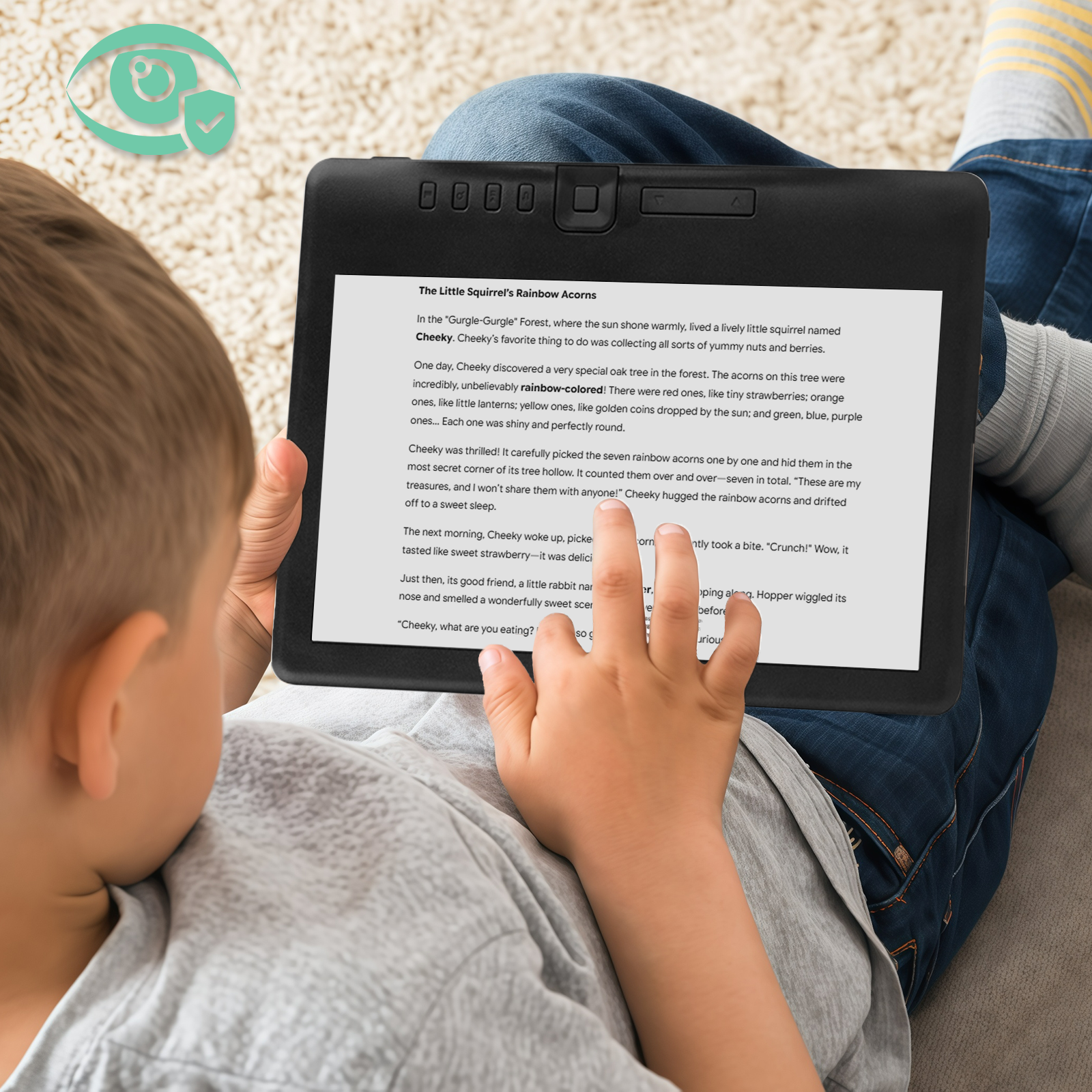 Child reading on a Klarity Portable Ebook Readers with a visible screen