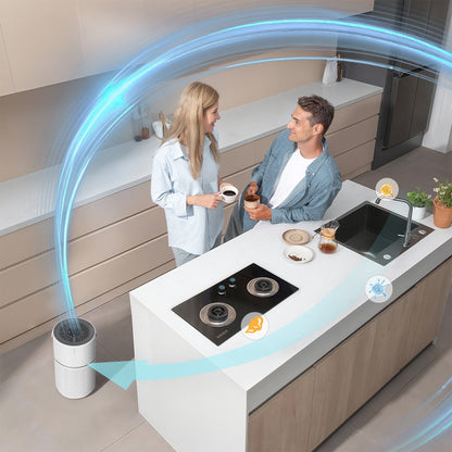 Modern kitchen with a couple interacting, featuring a water filter system.