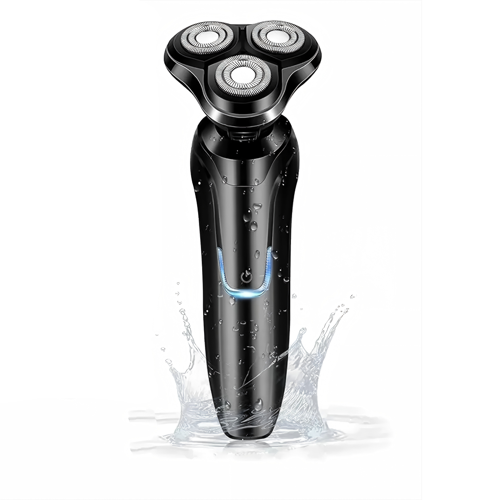 Black Krona Electric Shaver with water splashes on a white background