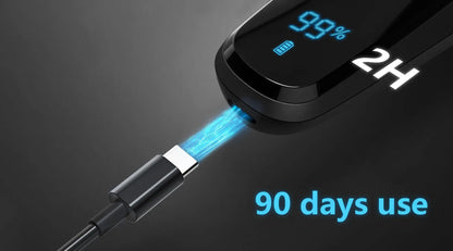 Black Krona Electric Shaver device with digital display and USB cable on a dark background
