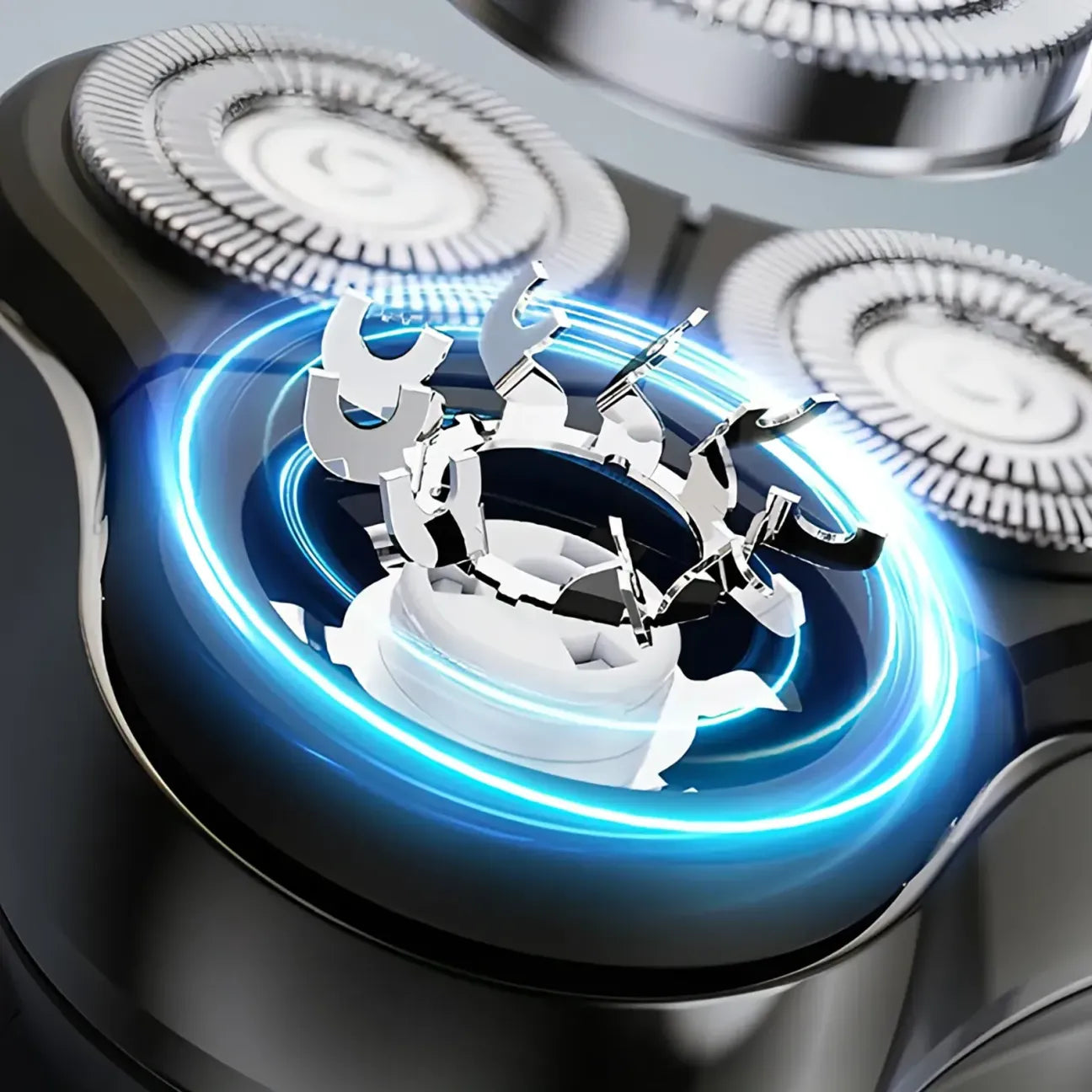 Close-up of a blade Krona Electric Shaver with glowing blue flames