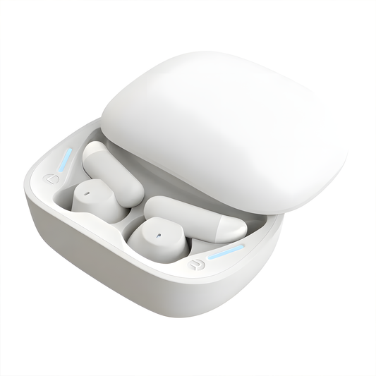 White Lumenia Wireless Sleep Earbuds in a charging case on a white background