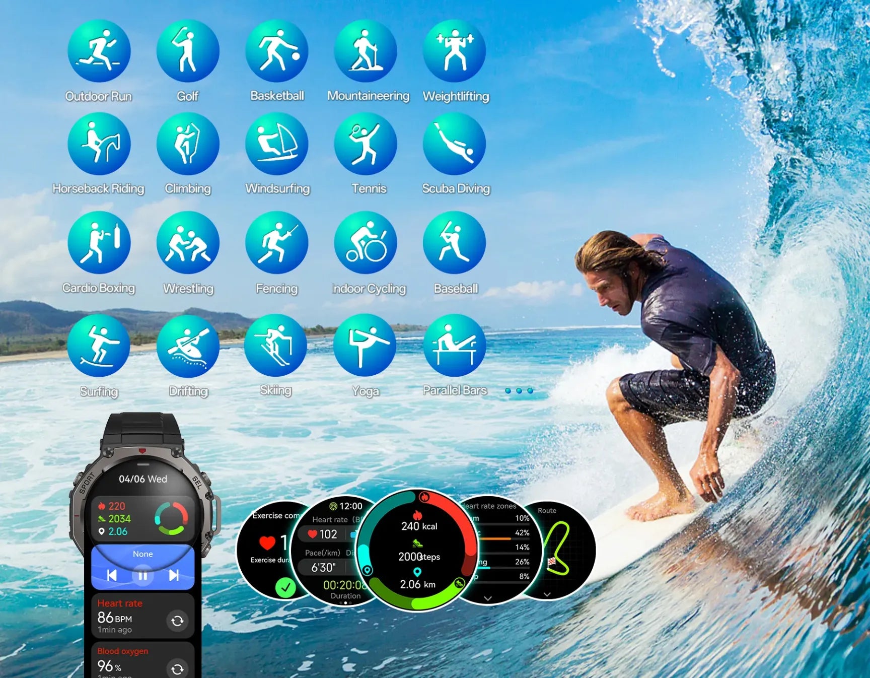 Person surfing with fitness app icons and Lumivo GPS Smartwatch display on a blue ocean wave background