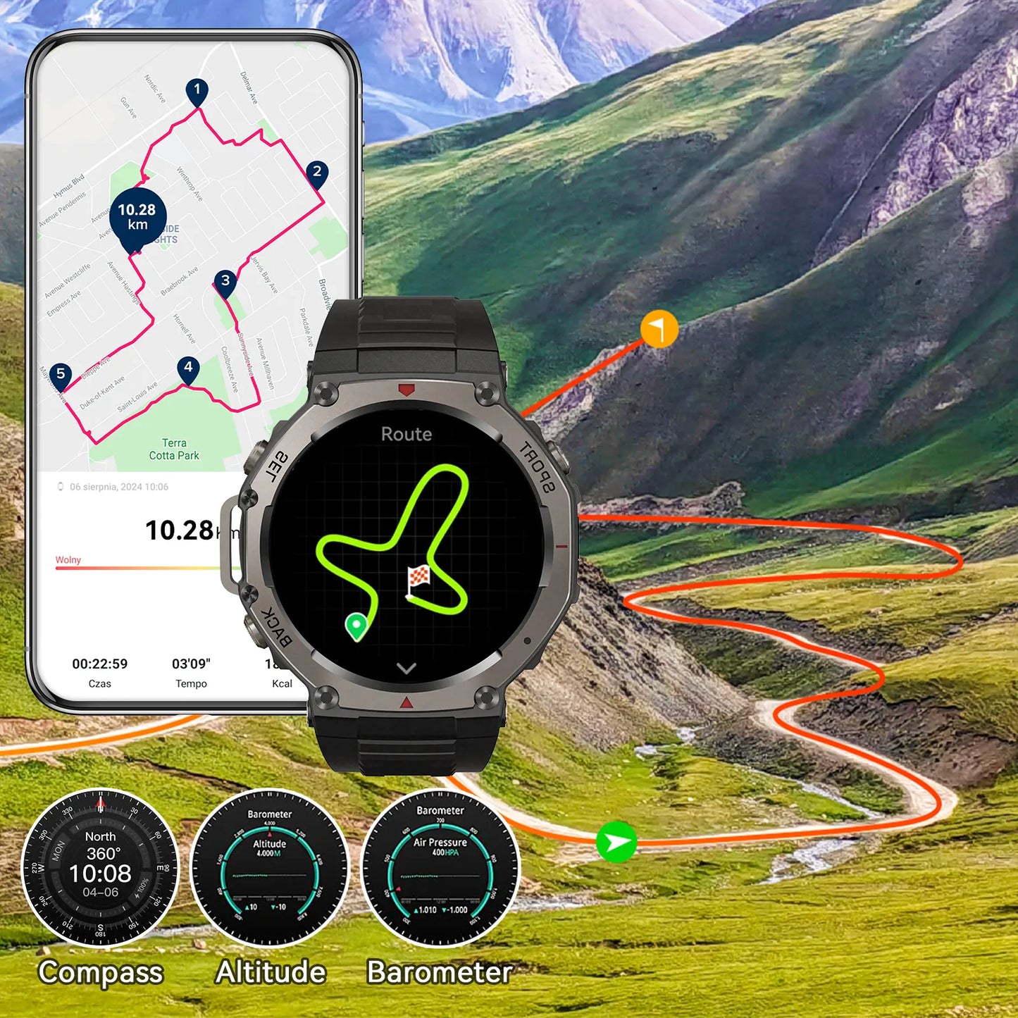 Lumivo GPS Smartwatch with navigation app on a mountainous landscape