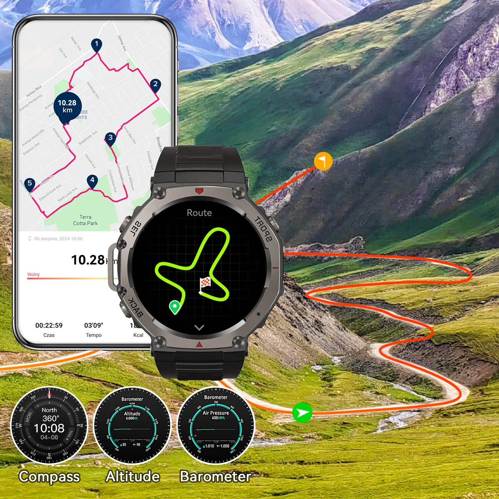 Lumivo GPS Smartwatch with navigation app on a mountainous landscape