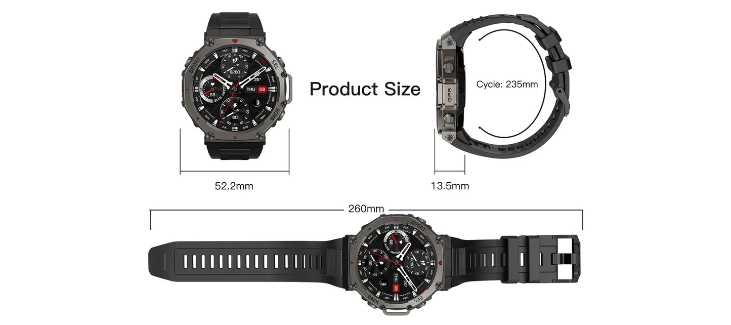 Black Lumivo GPS Smartwatch with measurements on a white background