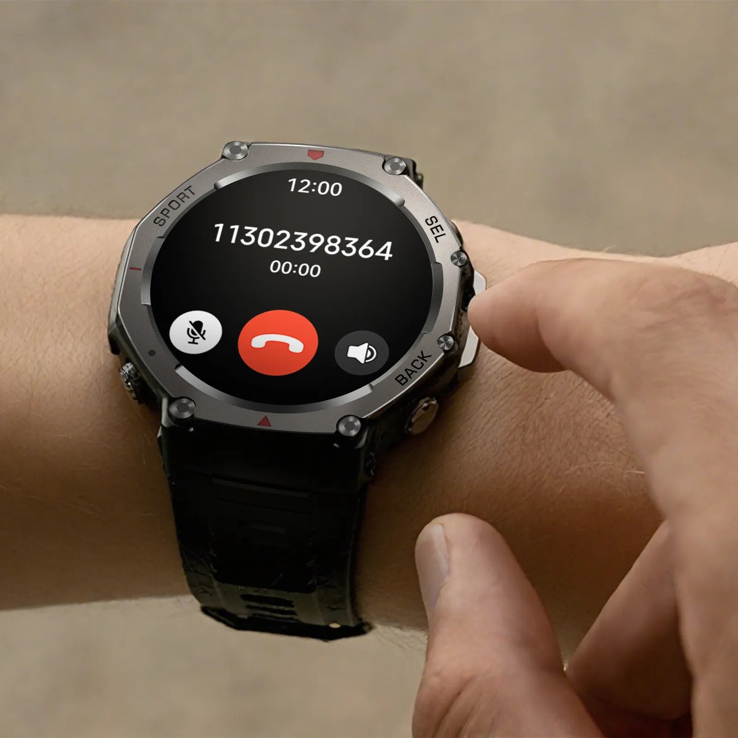 Lumivo GPS Smartwatch on a wrist with a call interface displayed on the screen.