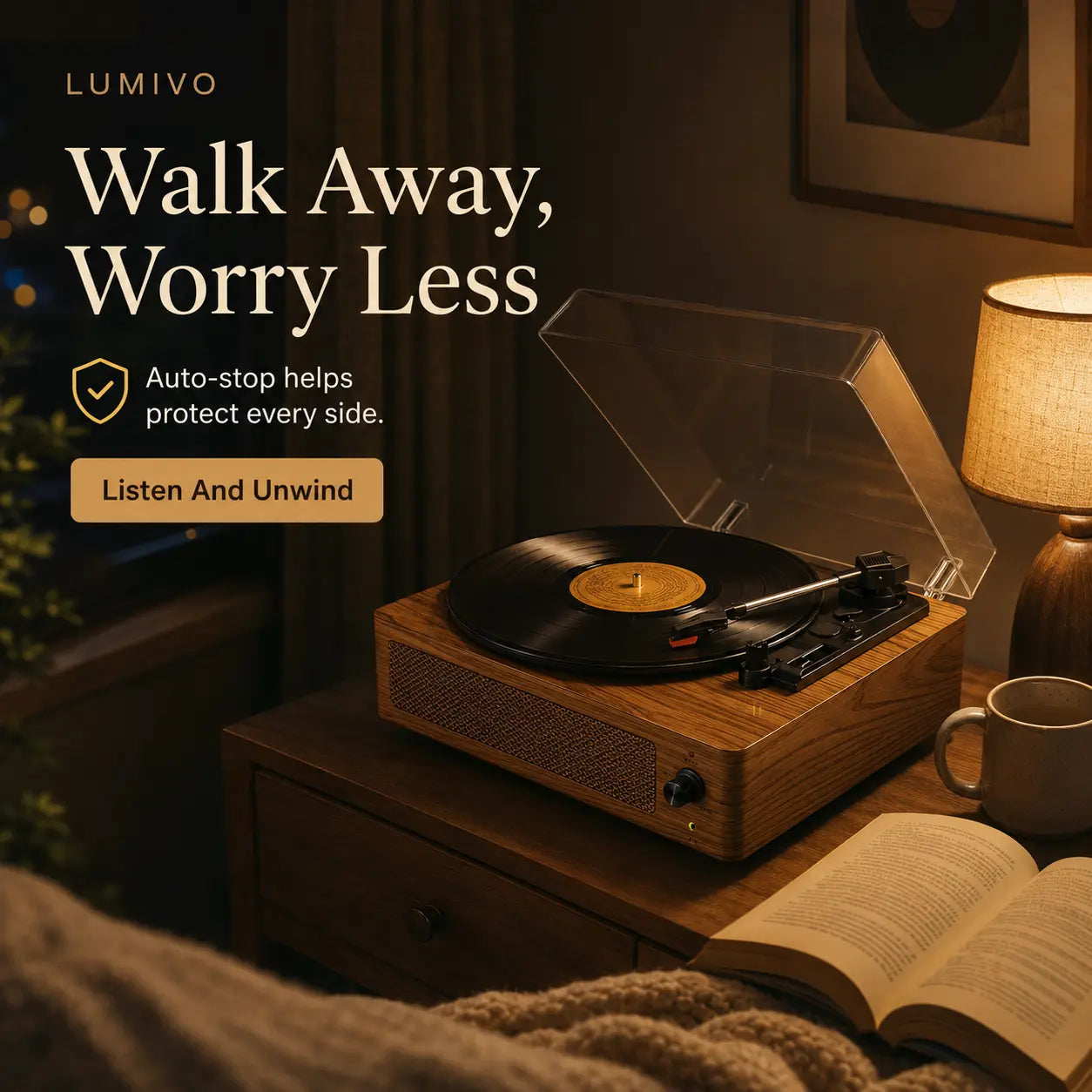 Lumivo Vintage Vinyl Record Player carousel 2 - angled view showing wooden cabinet and platter design