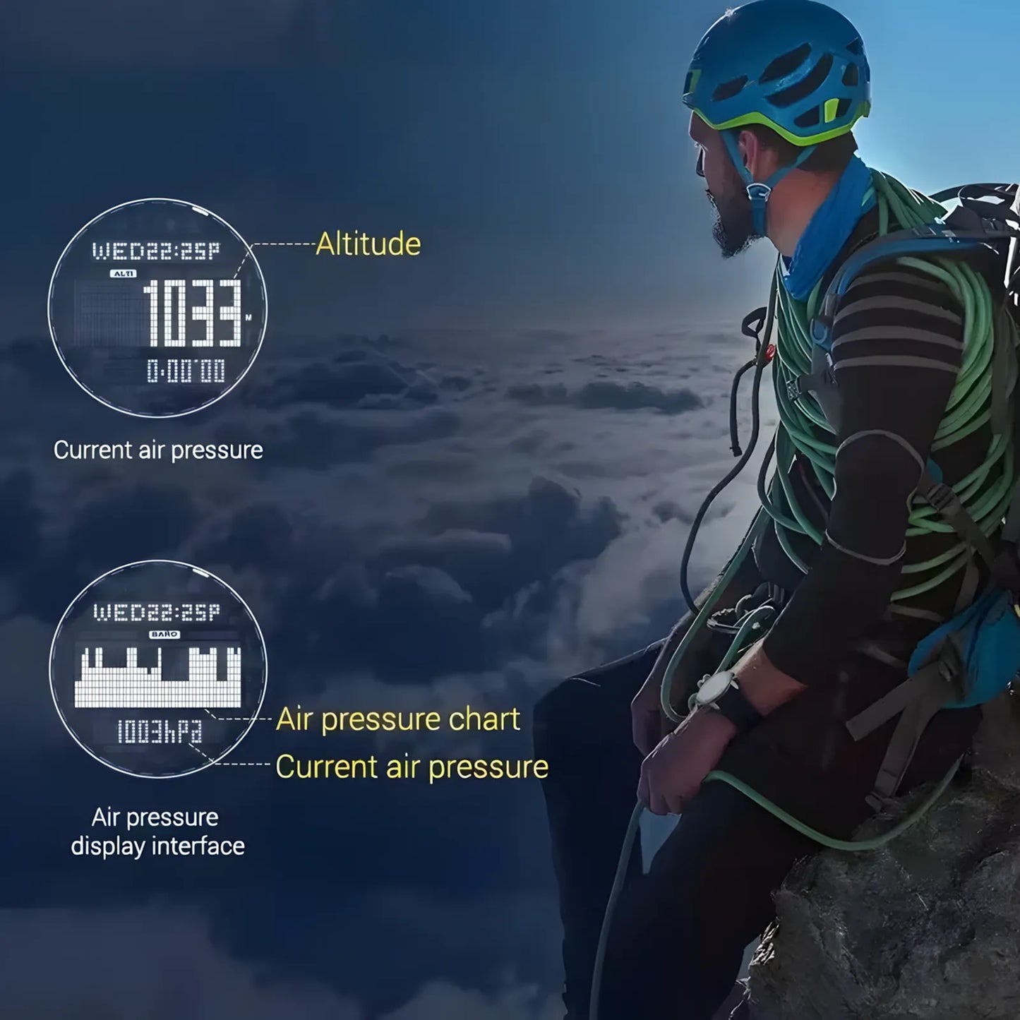 Person in climbing gear with air pressure display interface on a mountain background