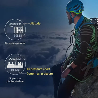 Person in climbing gear with air pressure display interface on a mountain background