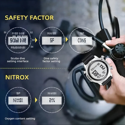 Scuba diving computer with safety factor and nitrox settings displayed