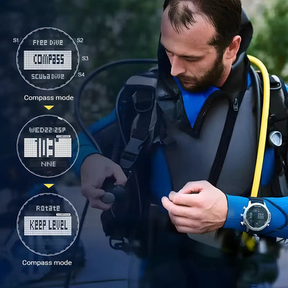 Diver using a watch with compass mode displayed, surrounded by diving equipment.
