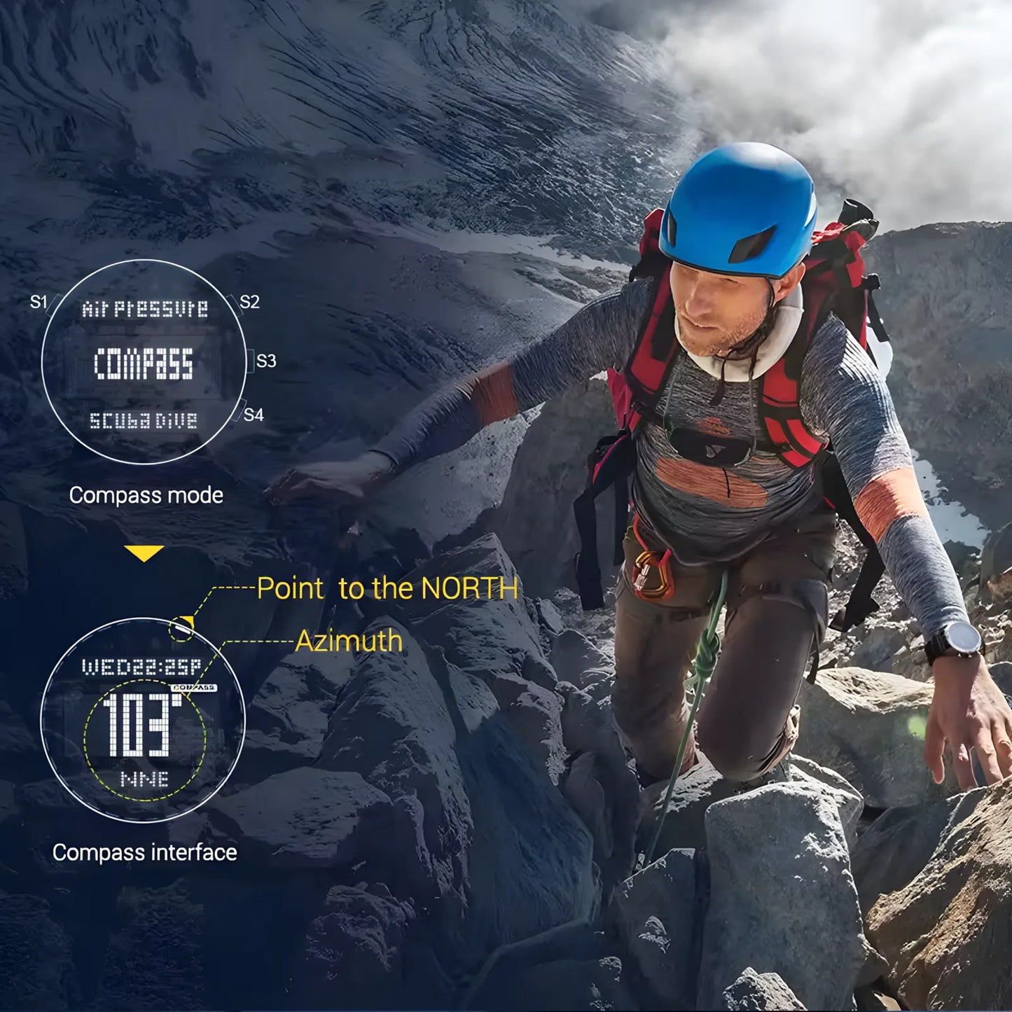 Person on a mountain with compass interface overlay