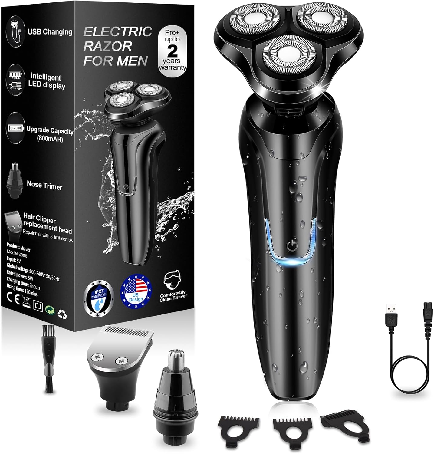 Mivrass Electric Shaver for men with packaging, attachments, and charging cable on a white background