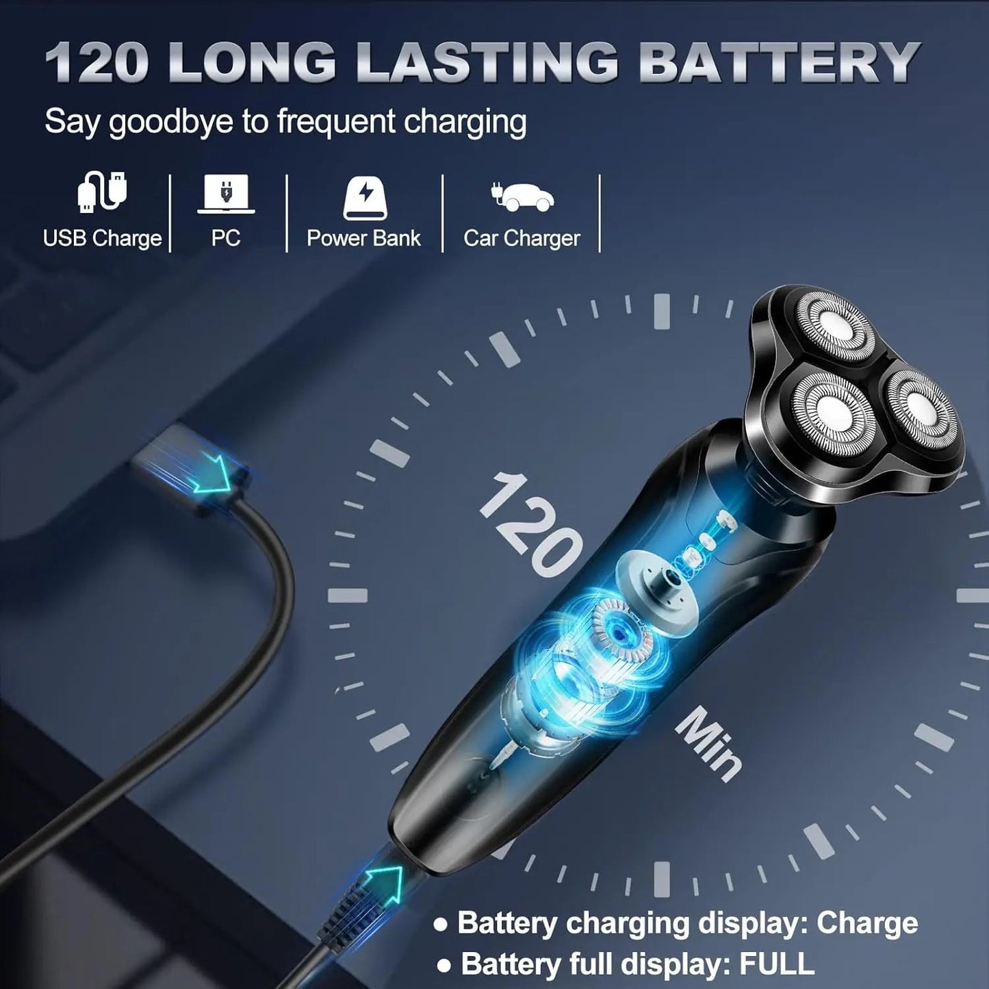 Mivrass Electric Shaver with charging display on a dark background