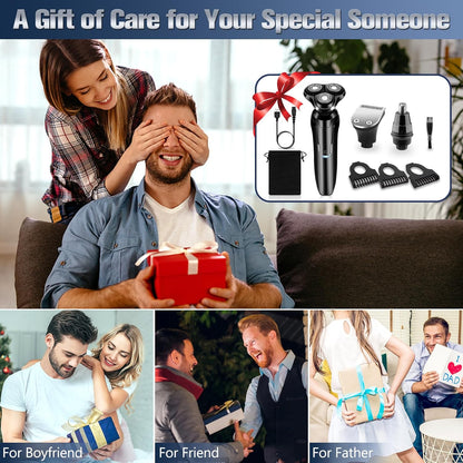 Collage of a man receiving a gift, with a focus on a Mivrass Electric Shaver and people enjoying moments together.