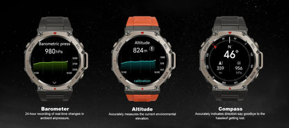 Three rugged Mivrass GPS Smartwatch shown side by side on a dark starry background, each with a different strap color: black, orange, and dark gray. The watch faces display different functional screens, including barometric pressure, altitude, and compass heading, with labels underneath.
