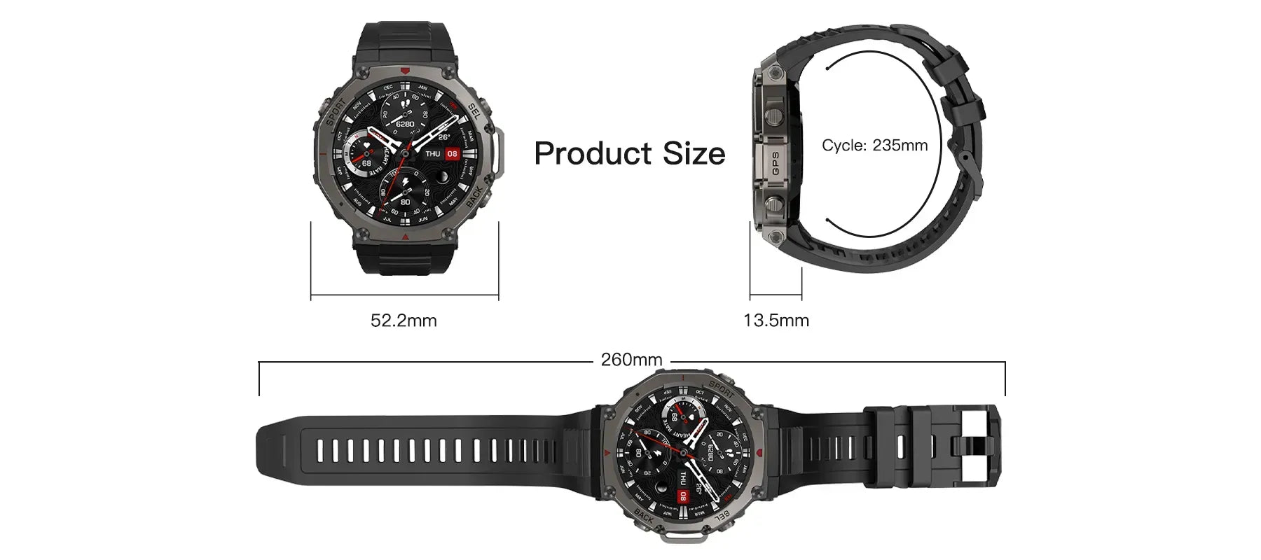 Black Mivrass GPS Smartwatch with measurements on a white background