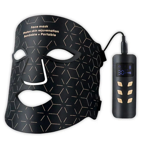 Mivrass GlowPro LED Mask with geometric pattern and portable device on a white background