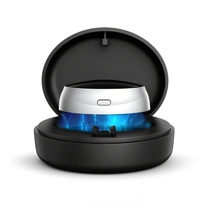 Black Mivrass SilentSleep Device with blue light inside an open black case on a white background