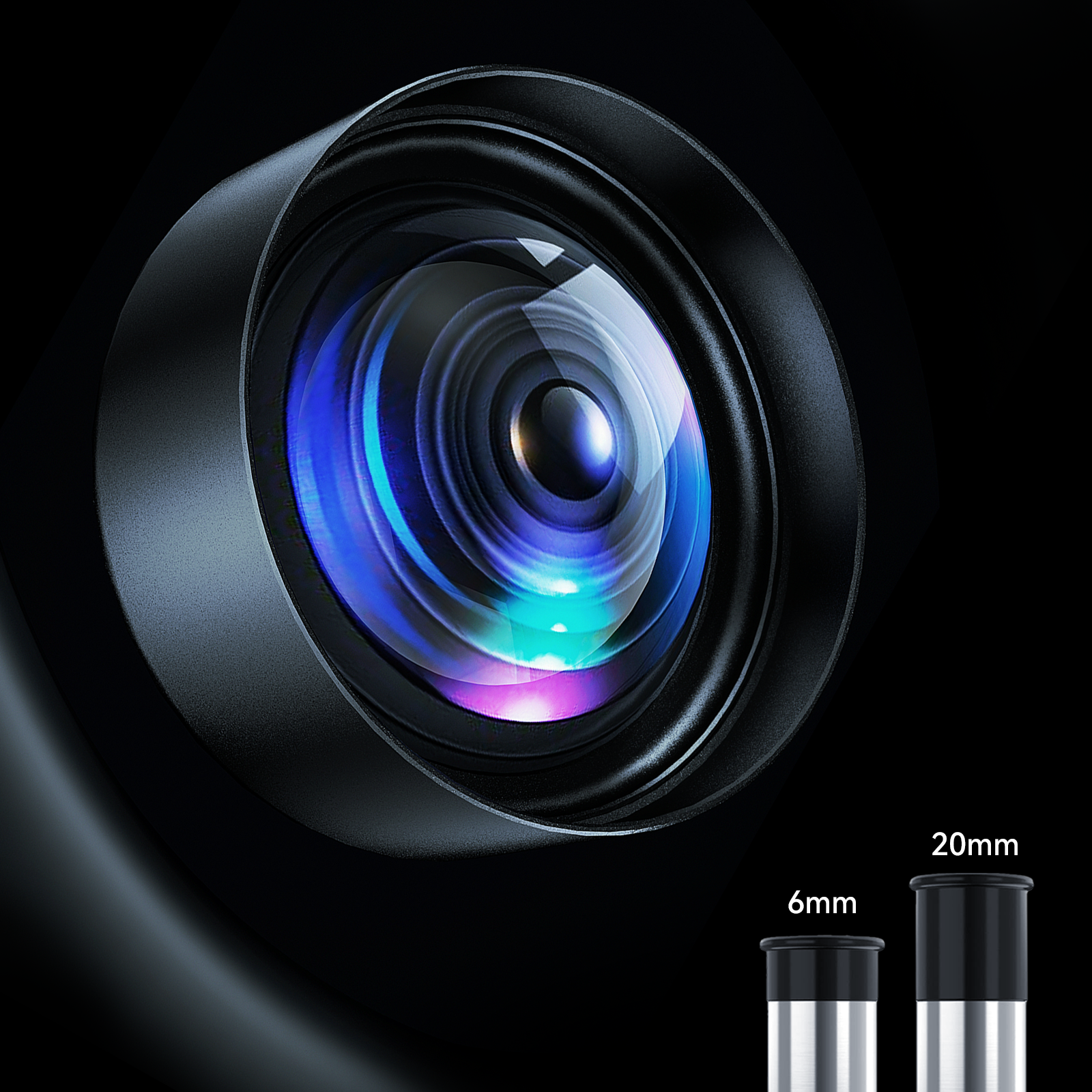 Noxus Astronomical Telescope lens with size indicators on a black background