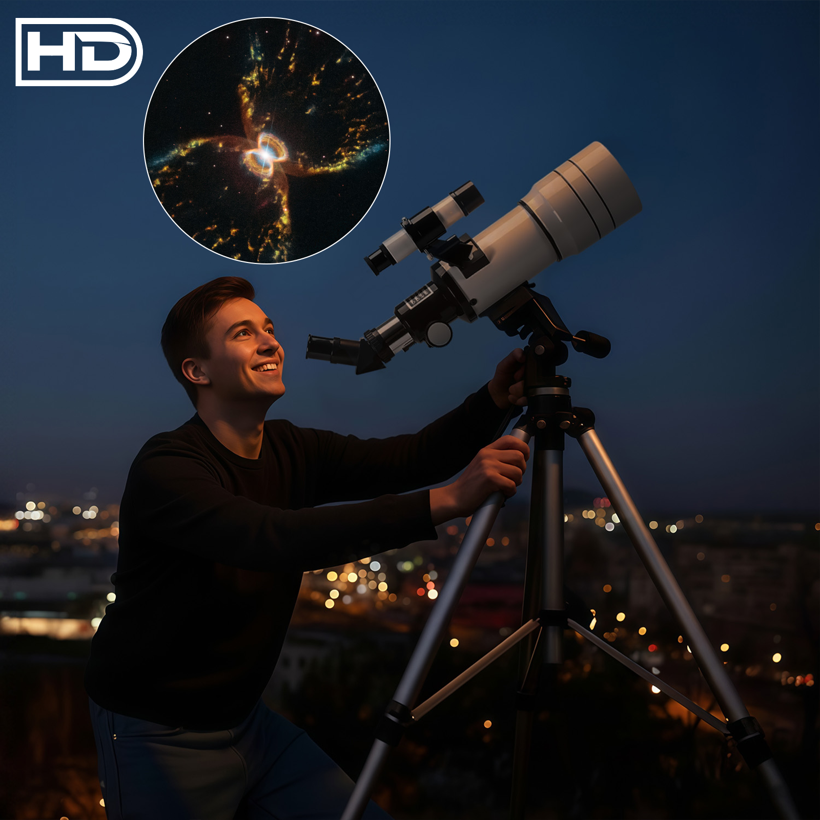 Man using a Noxus Astronomical Telescope at night with city lights in the background