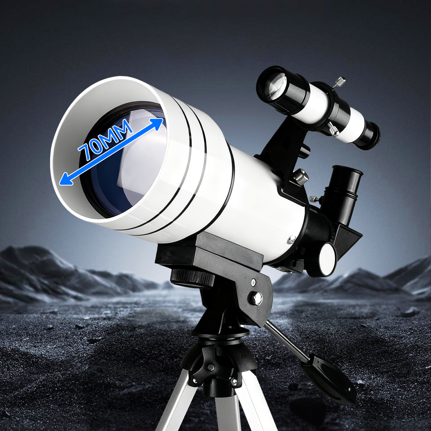 Noxus Astronomical Telescope with 70mm marking on a dark landscape background