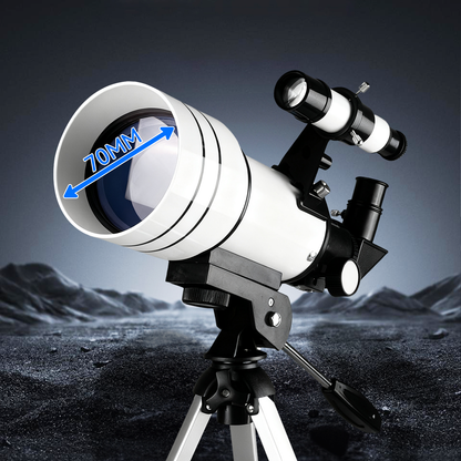 Noxus Astronomical Telescope with 70mm marking on a dark landscape background