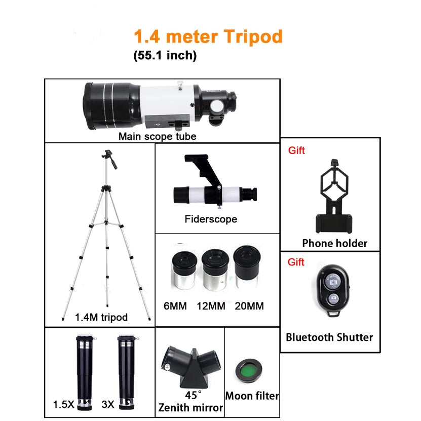 Noxus Astronomical Telescope set with accessories including a tripod, main scope tube, phone holder, and filters on a white background.