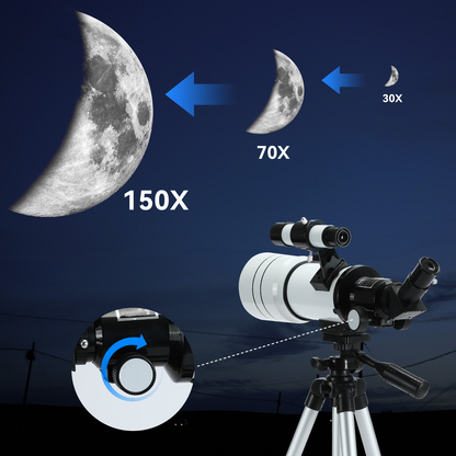 Noxus Astronomical Telescope with zoom levels and moon illustration on a dark sky background