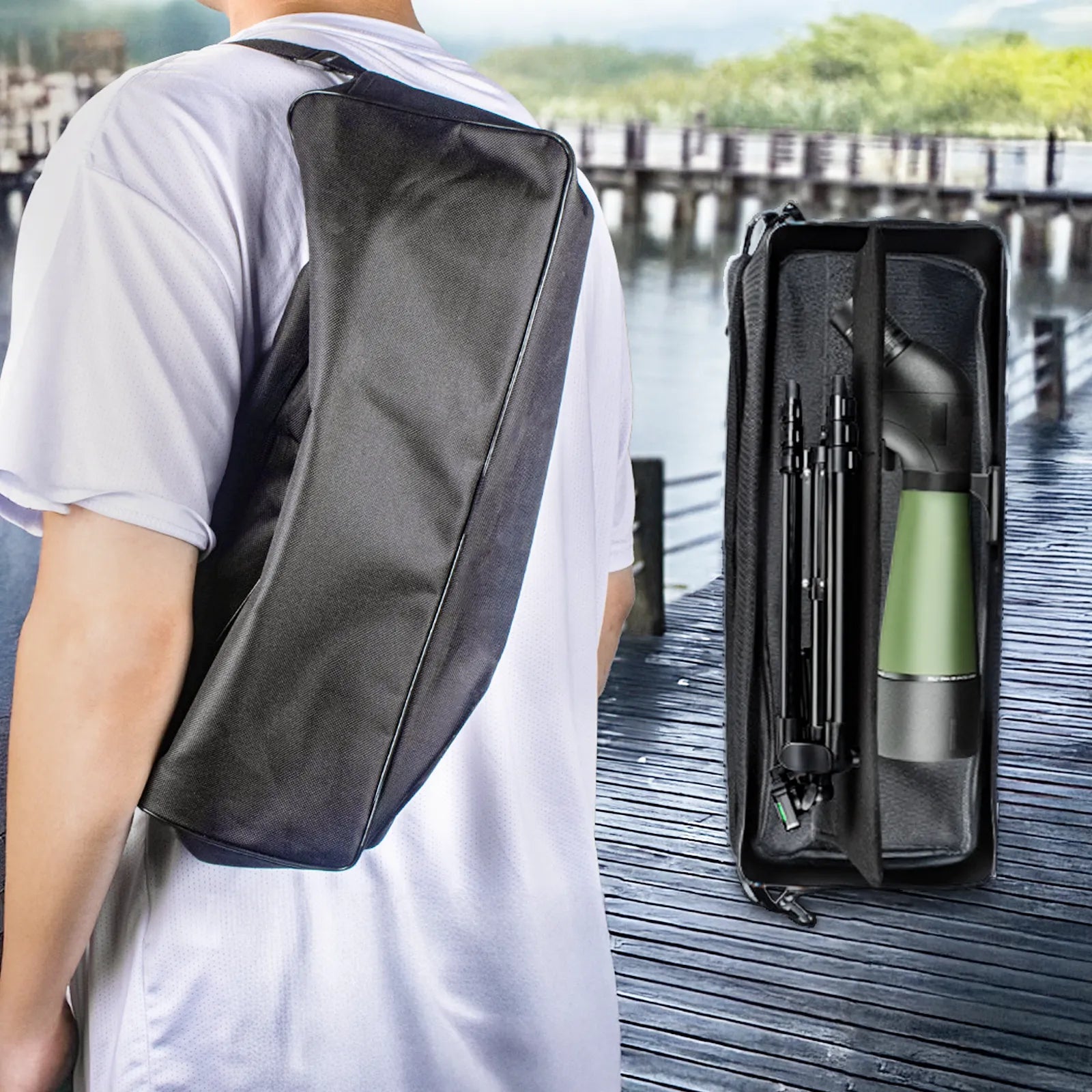 Person wearing a black crossbody bag with a green water bottle and black umbrella on a dock.