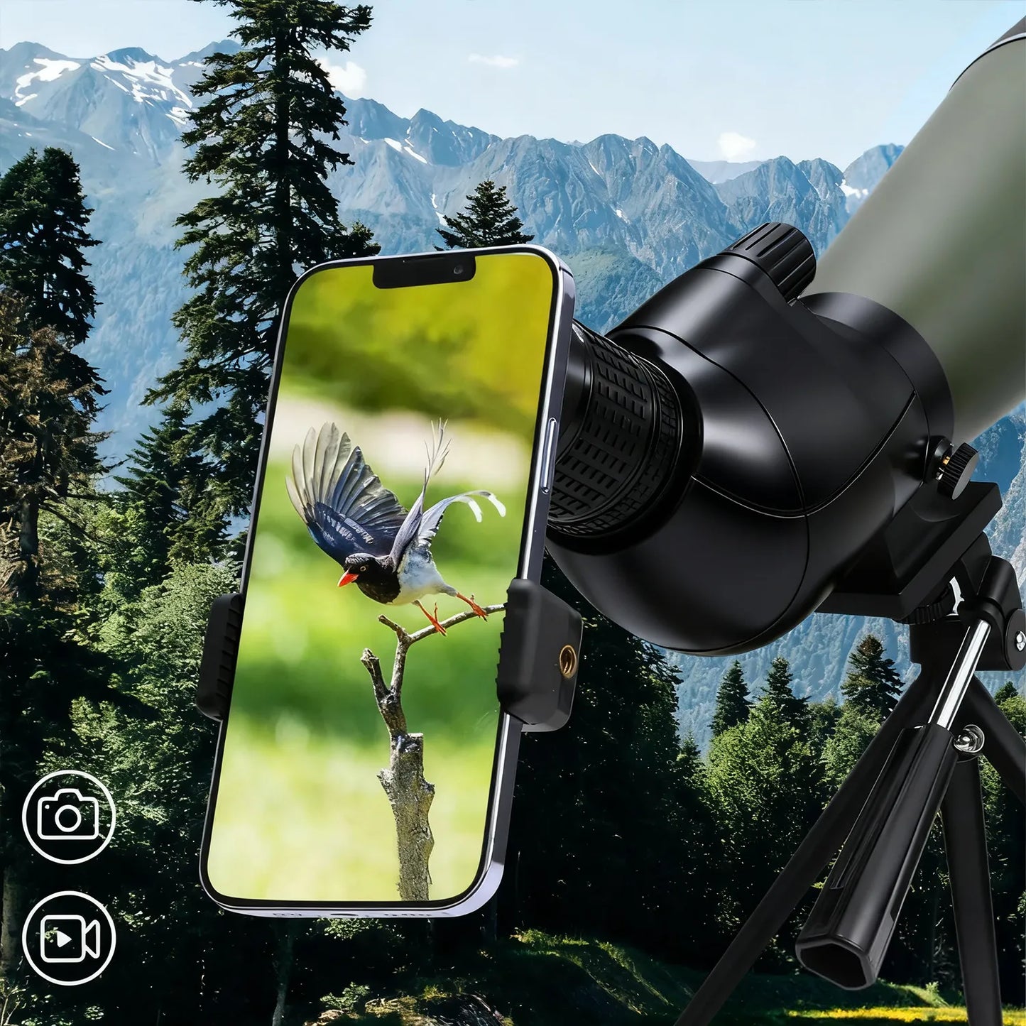 Noxus Spotting Scope with smartphone displaying a bird image against a mountainous landscape