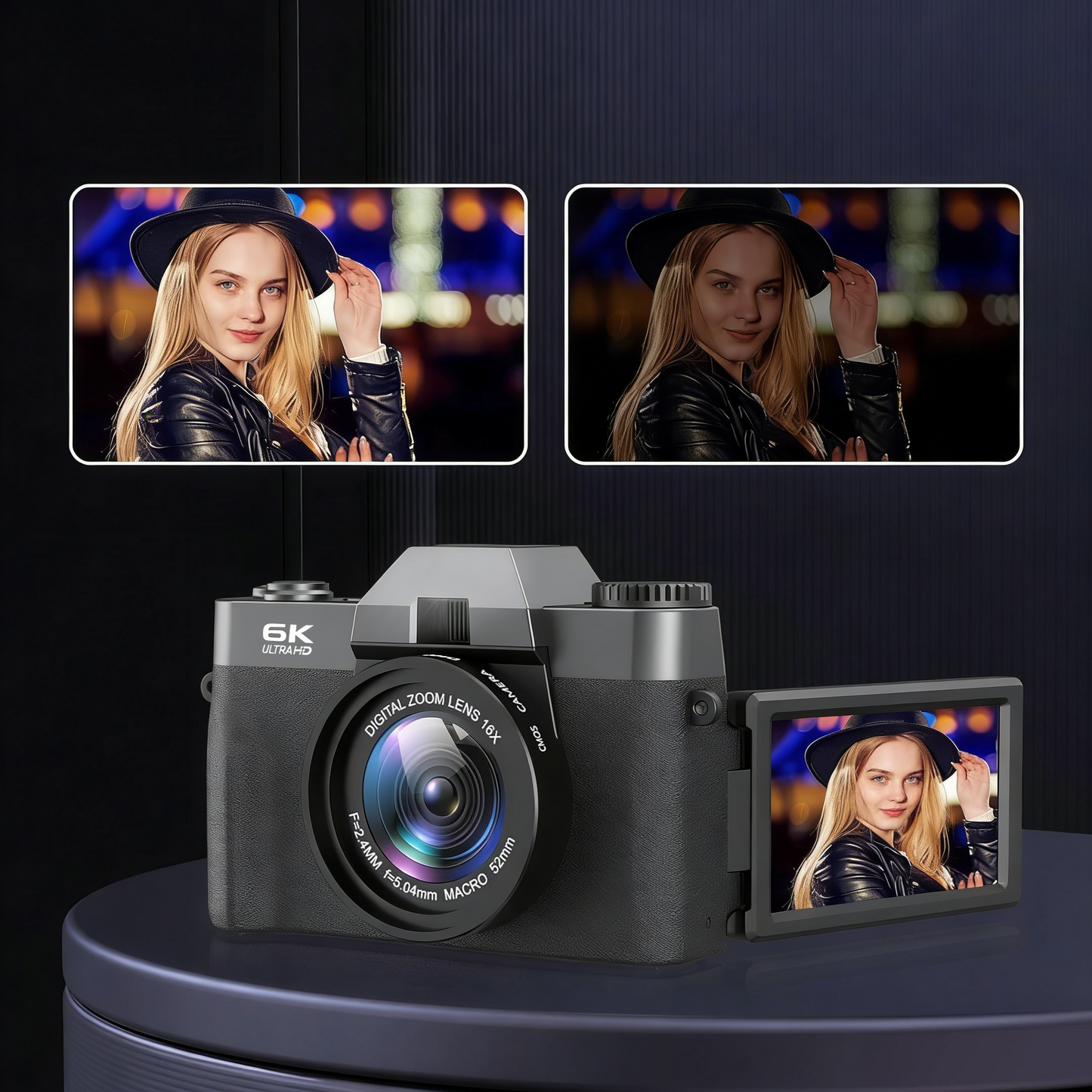 Oliventa Digital Camera with a screen displaying a person wearing a hat, set against a dark background.