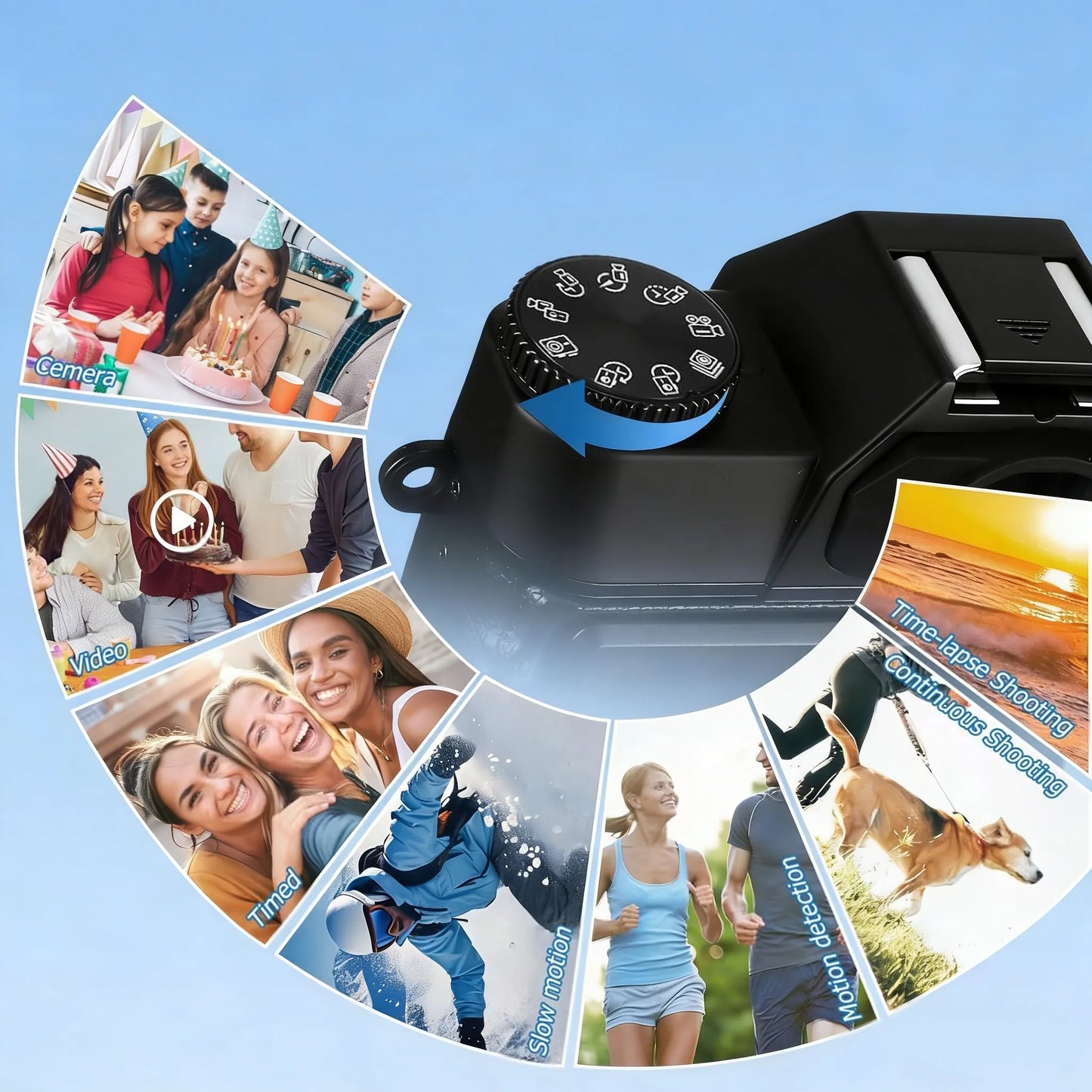 Oliventa Digital Camera lens with mode dial and photo collage on a blue background