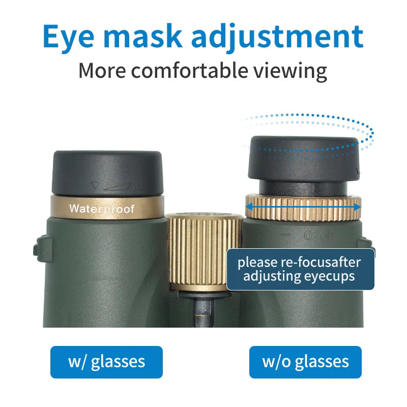 Caelum Binoculars with adjustable eye cups labeled for wearing glasses and without glasses on a white background.