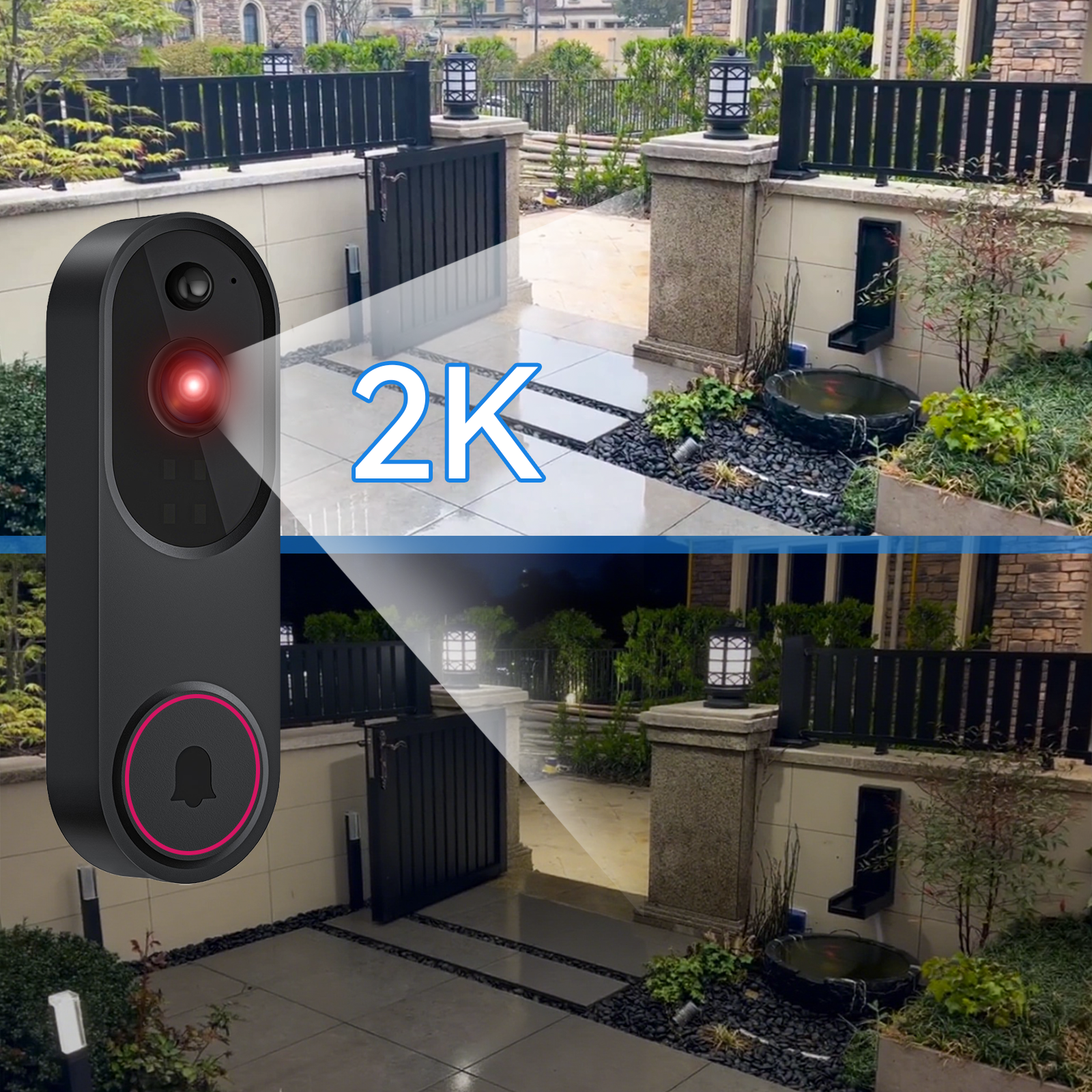 Outdoor Praxia Video Doorbell Camera with '2K' label on a scenic background
