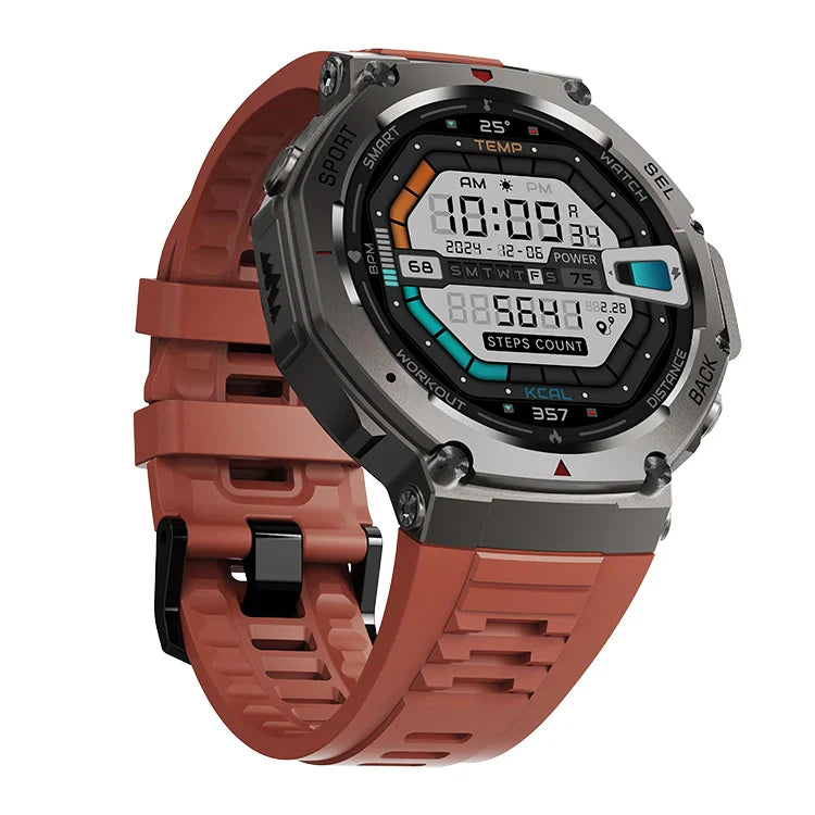 Praxia GPS Sports Smartwatch with a red strap on a white background