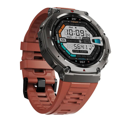 Praxia GPS Sports Smartwatch with a red strap on a white background