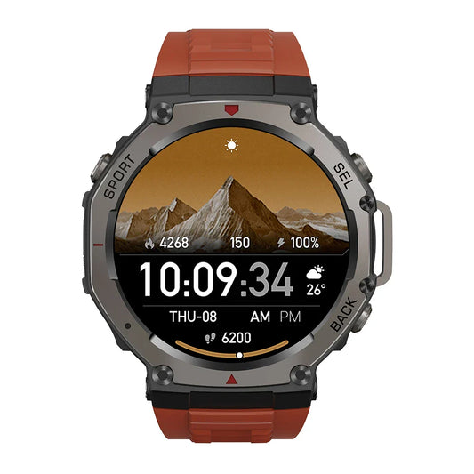 Praxia GPS Sports Smartwatch red with a mountain display on a white background