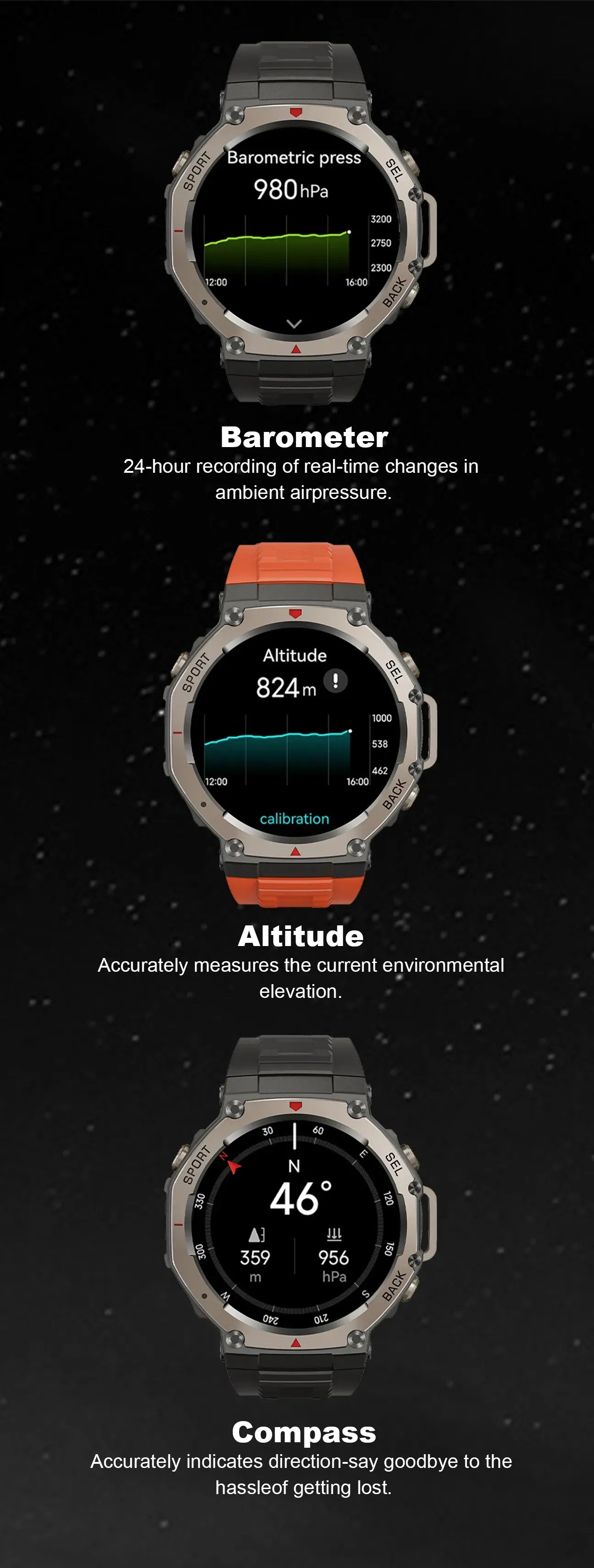 Three Praxia GPS Sports Smartwatch displaying barometric pressure, altitude, and compass readings on a black background.