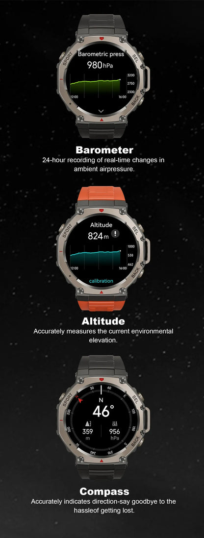 Three Praxia GPS Sports Smartwatch displaying barometric pressure, altitude, and compass readings on a black background.