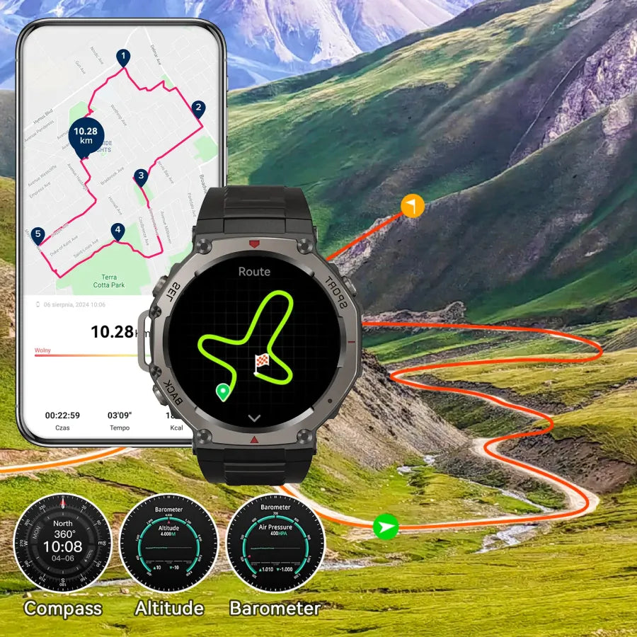 Praxia GPS Sports Smartwatch with navigation app on screen against a mountainous landscape