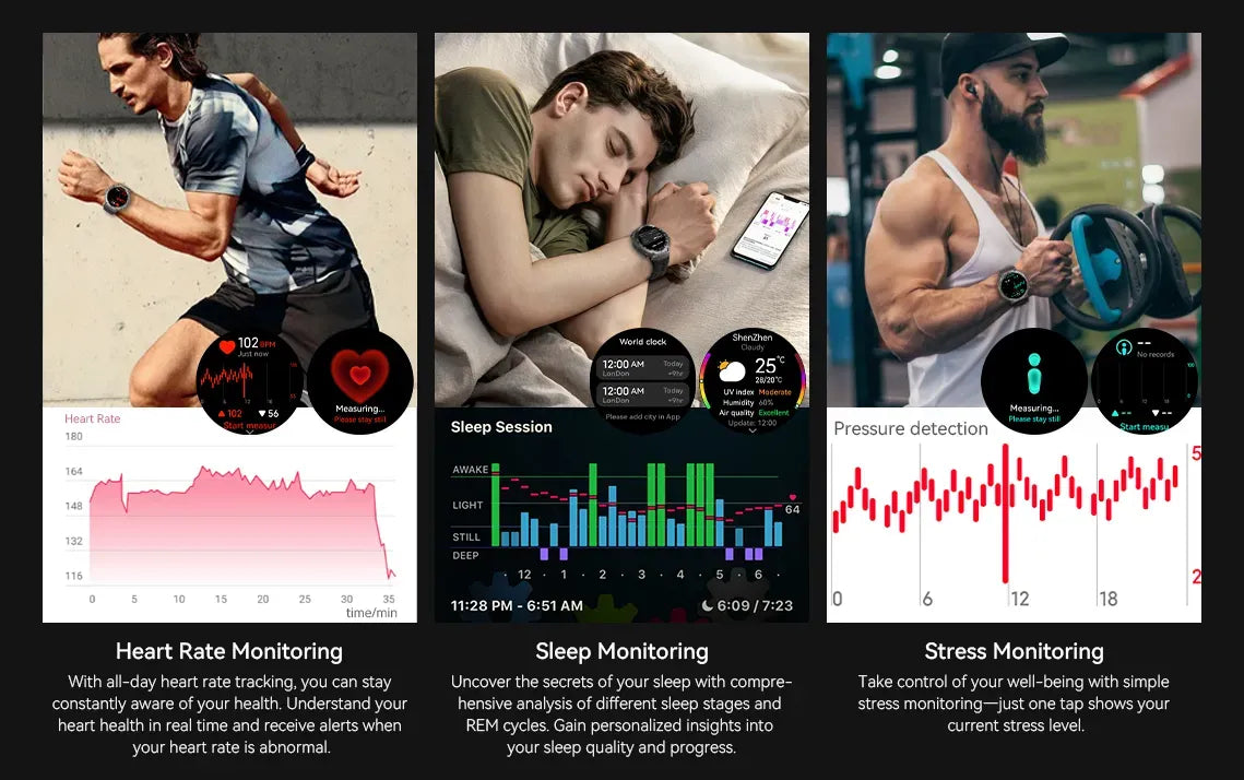 Collage of a Praxia GPS Sports Smartwatch being used for heart rate, sleep, and stress monitoring with corresponding graphs and scenes.