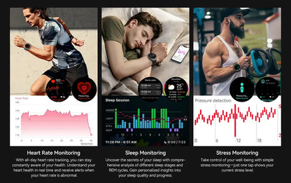 Collage of a Praxia GPS Sports Smartwatch being used for heart rate, sleep, and stress monitoring with corresponding graphs and scenes.