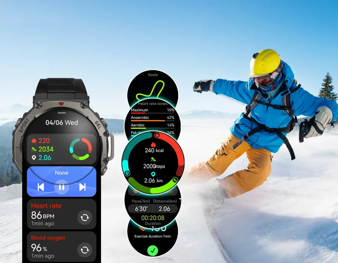 Praxia GPS Sports Smartwatch displaying various fitness metrics with a skier in the background