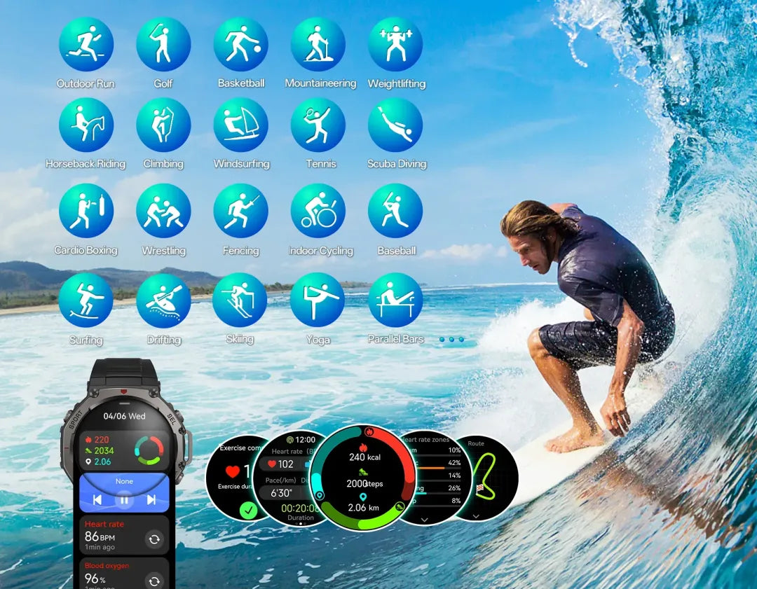 Surfer on a wave with fitness app icons and Praxia GPS Sports Smartwatch display.