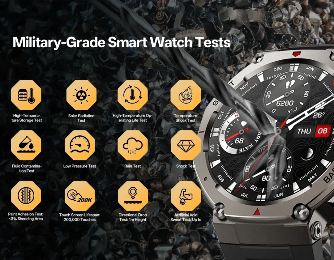 Military-grade Praxia GPS Sports Smartwatch with test icons on a dark background