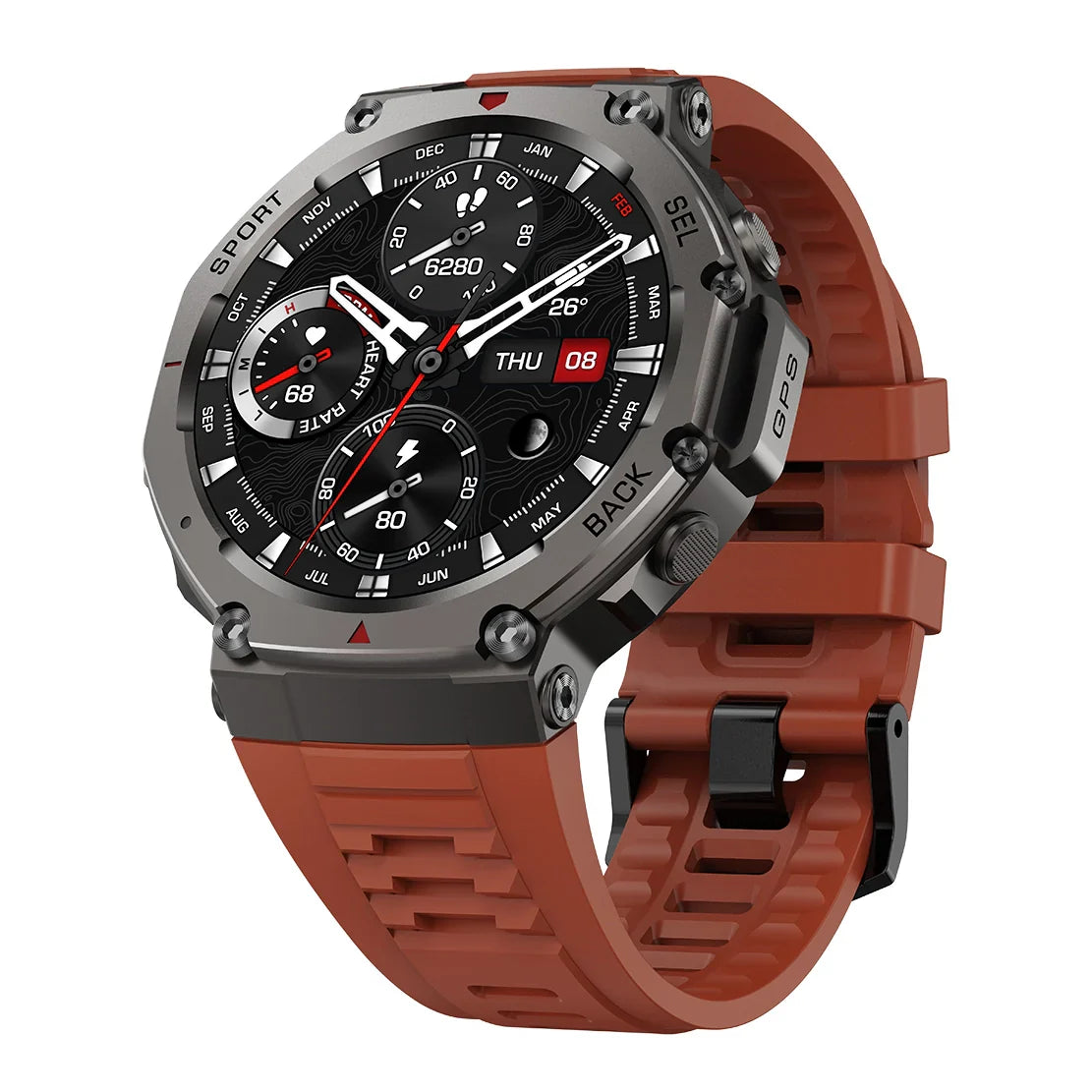 Praxia GPS Sports Smartwatch with a brown strap on a white background