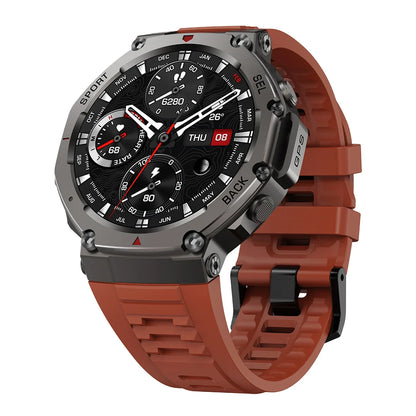 Praxia GPS Sports Smartwatch with a brown strap on a white background